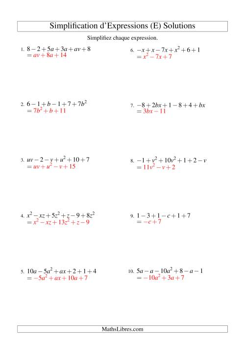 Simplification d'Expressions Algébriques avec Six Termes et Deux Variables (Addition et Soustraction) (E) page 2