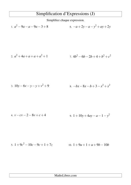 Simplification d'Expressions Algébriques avec Six Termes et Deux Variables (Addition et Soustraction) (J)