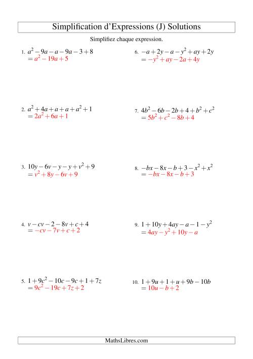 Simplification d'Expressions Algébriques avec Six Termes et Deux Variables (Addition et Soustraction) (J) page 2