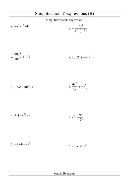 Simplification d'Expressions Algébriques avec Trois Termes et Une Variable (Multiplication et Division) (B)