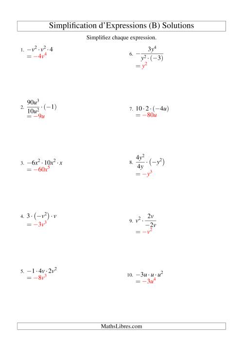 Simplification d'Expressions Algébriques avec Trois Termes et Une Variable (Multiplication et Division) (B) page 2