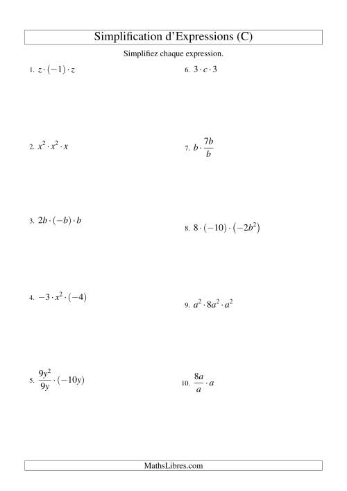 Simplification d'Expressions Algébriques avec Trois Termes et Une Variable (Multiplication et Division) (C)