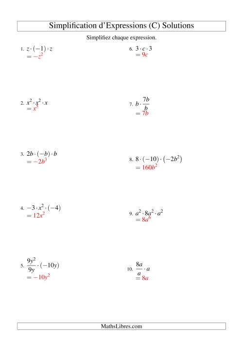 Simplification d'Expressions Algébriques avec Trois Termes et Une Variable (Multiplication et Division) (C) page 2
