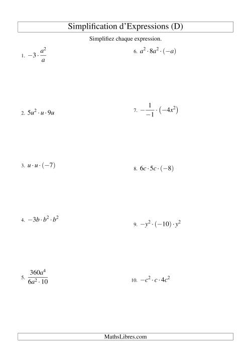 Simplification d'Expressions Algébriques avec Trois Termes et Une Variable (Multiplication et Division) (D)