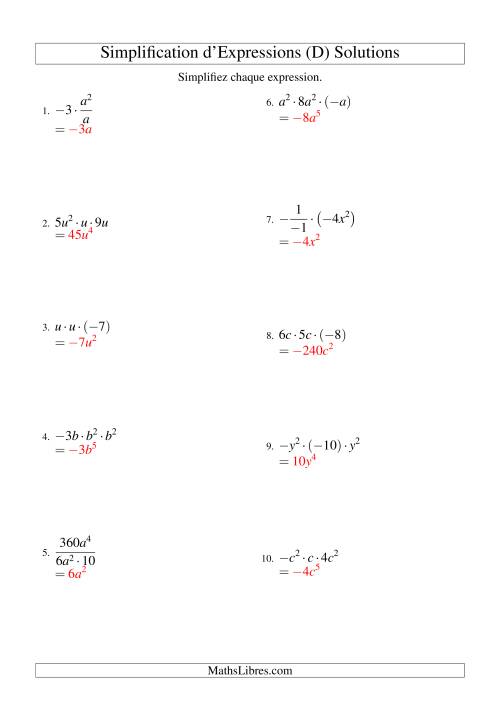 Simplification d'Expressions Algébriques avec Trois Termes et Une Variable (Multiplication et Division) (D) page 2
