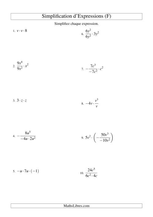 Simplification d'Expressions Algébriques avec Trois Termes et Une Variable (Multiplication et Division) (F)