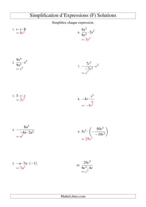 Simplification d'Expressions Algébriques avec Trois Termes et Une Variable (Multiplication et Division) (F) page 2