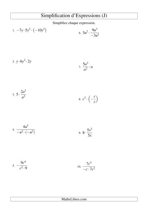 Simplification d'Expressions Algébriques avec Trois Termes et Une Variable (Multiplication et Division) (J)