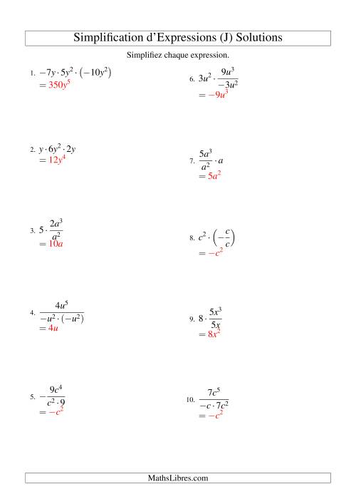 Simplification d'Expressions Algébriques avec Trois Termes et Une Variable (Multiplication et Division) (J) page 2