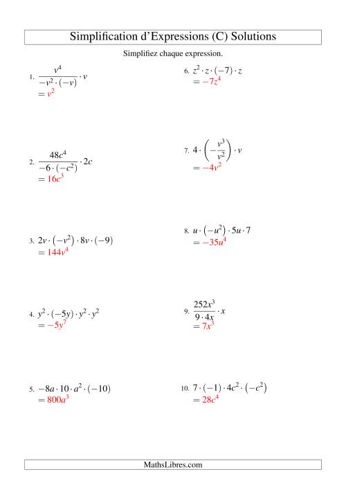 Simplification d'Expressions Algébriques avec Quatre Termes et Une Variable (Multiplication et Division) (C) page 2