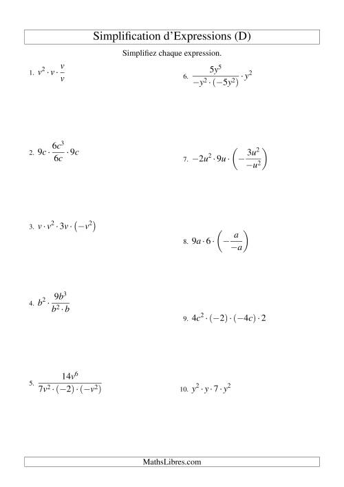 Simplification d'Expressions Algébriques avec Quatre Termes et Une Variable (Multiplication et Division) (D)