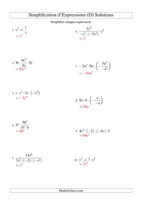 Simplification d'Expressions Algébriques avec Quatre Termes et Une Variable (Multiplication et Division) (D) page 2