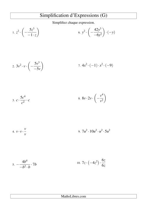 Simplification d'Expressions Algébriques avec Quatre Termes et Une Variable (Multiplication et Division) (G)