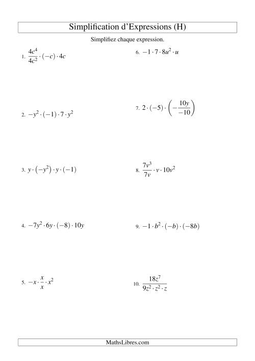 Simplification d'Expressions Algébriques avec Quatre Termes et Une Variable (Multiplication et Division) (H)