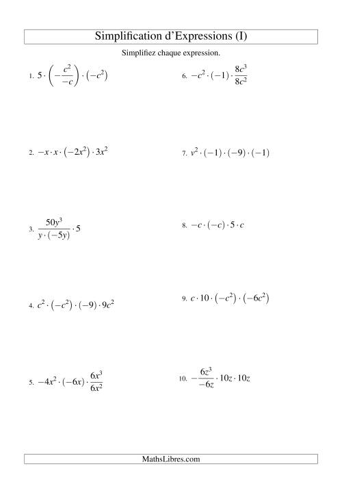 Simplification d'Expressions Algébriques avec Quatre Termes et Une Variable (Multiplication et Division) (I)