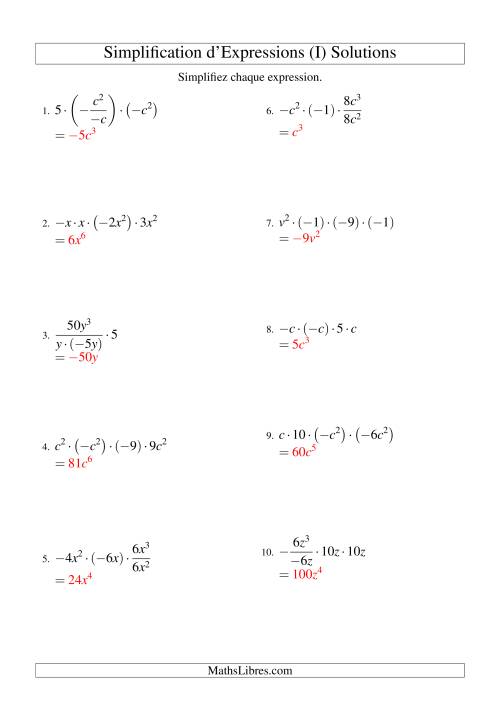 Simplification d'Expressions Algébriques avec Quatre Termes et Une Variable (Multiplication et Division) (I) page 2