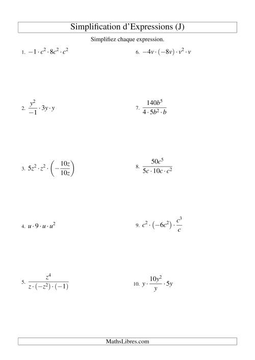 Simplification d'Expressions Algébriques avec Quatre Termes et Une Variable (Multiplication et Division) (J)