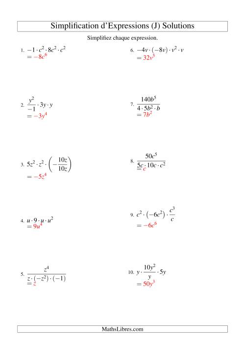 Simplification d'Expressions Algébriques avec Quatre Termes et Une Variable (Multiplication et Division) (J) page 2
