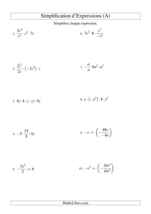 Simplification d'Expressions Algébriques avec Quatre Termes et Une Variable (Multiplication et Division) (Tout)