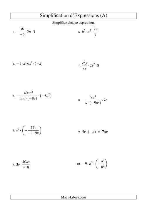 Simplification d'Expressions Algébriques avec Quatre Termes et Deux Variables (Multiplication et Division) (A)