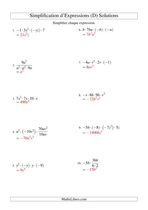 Simplification d'Expressions Algébriques avec Quatre Termes et Deux Variables (Multiplication et Division) (D) page 2