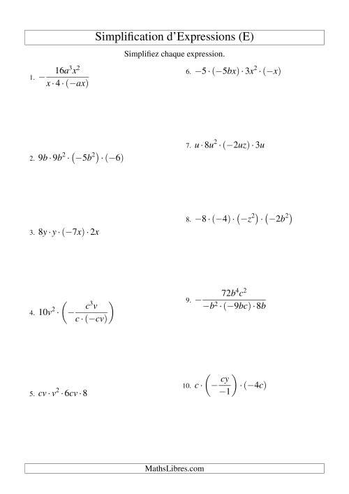 Simplification d'Expressions Algébriques avec Quatre Termes et Deux Variables (Multiplication et Division) (E)