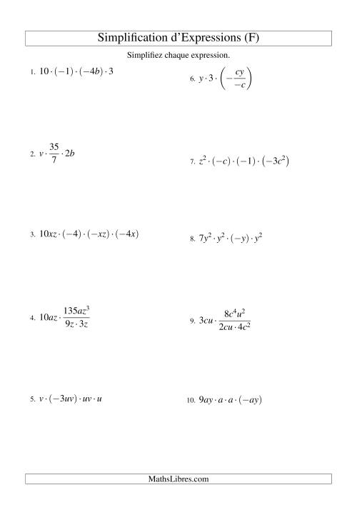 Simplification d'Expressions Algébriques avec Quatre Termes et Deux Variables (Multiplication et Division) (F)