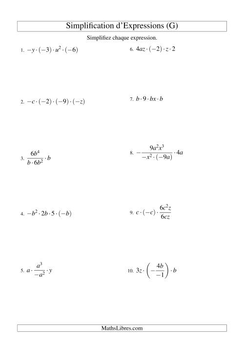 Simplification d'Expressions Algébriques avec Quatre Termes et Deux Variables (Multiplication et Division) (G)