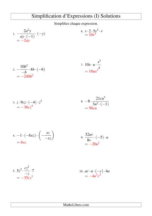 Simplification d'Expressions Algébriques avec Quatre Termes et Deux Variables (Multiplication et Division) (I) page 2