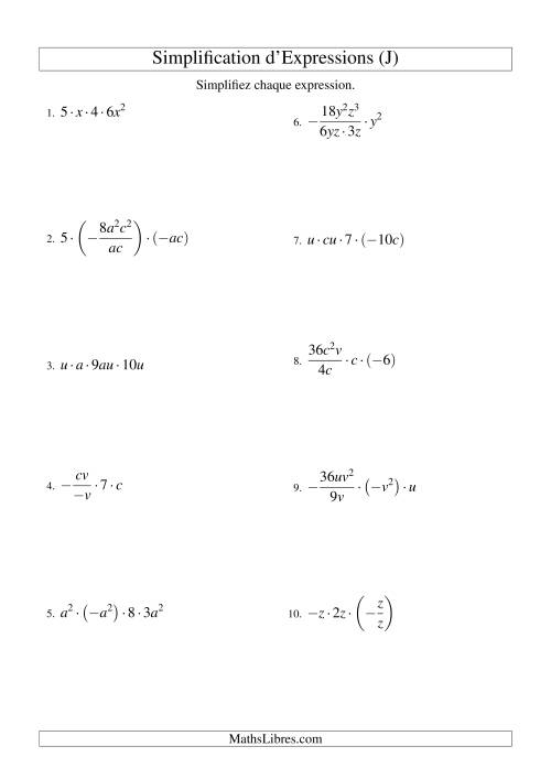Simplification d'Expressions Algébriques avec Quatre Termes et Deux Variables (Multiplication et Division) (J)