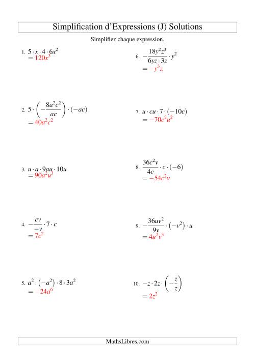 Simplification d'Expressions Algébriques avec Quatre Termes et Deux Variables (Multiplication et Division) (J) page 2