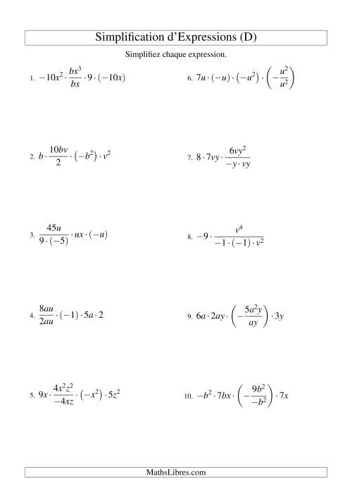 Simplification d'Expressions Algébriques avec Cinq Termes et Deux Variables (Multiplication et Division) (D)