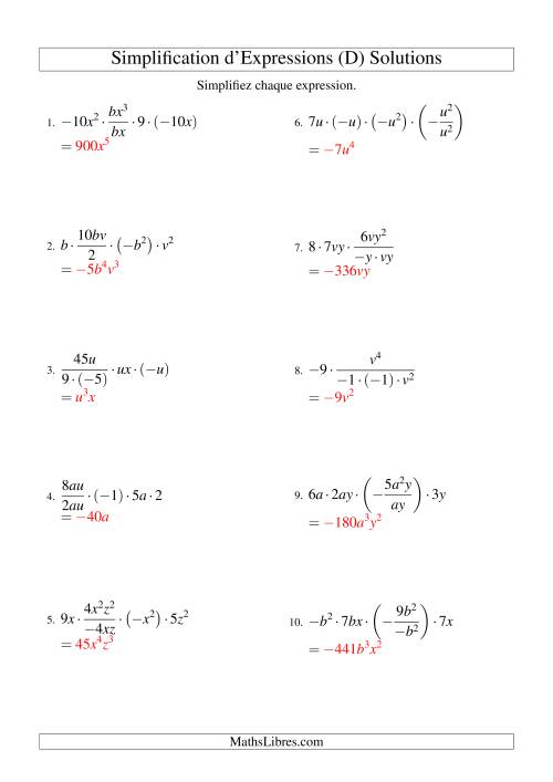 Simplification d'Expressions Algébriques avec Cinq Termes et Deux Variables (Multiplication et Division) (D) page 2