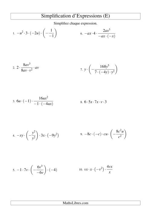 Simplification d'Expressions Algébriques avec Cinq Termes et Deux Variables (Multiplication et Division) (E)