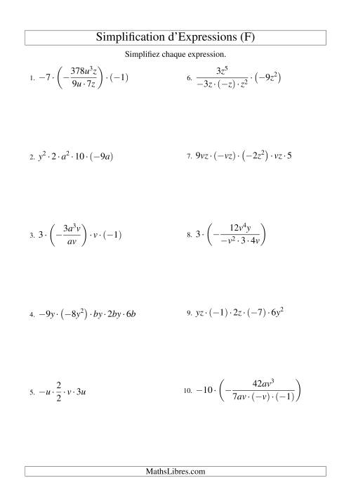 Simplification d'Expressions Algébriques avec Cinq Termes et Deux Variables (Multiplication et Division) (F)