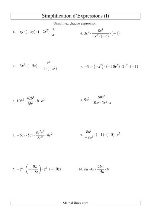 Simplification d'Expressions Algébriques avec Cinq Termes et Deux Variables (Multiplication et Division) (I)