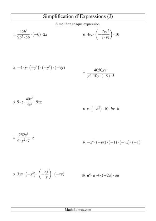 Simplification d'Expressions Algébriques avec Cinq Termes et Deux Variables (Multiplication et Division) (J)