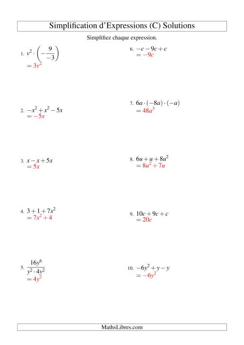 Simplification d'Expressions Algébriques avec Trois Termes et Une Variable (Toutes Opérations) (C) page 2