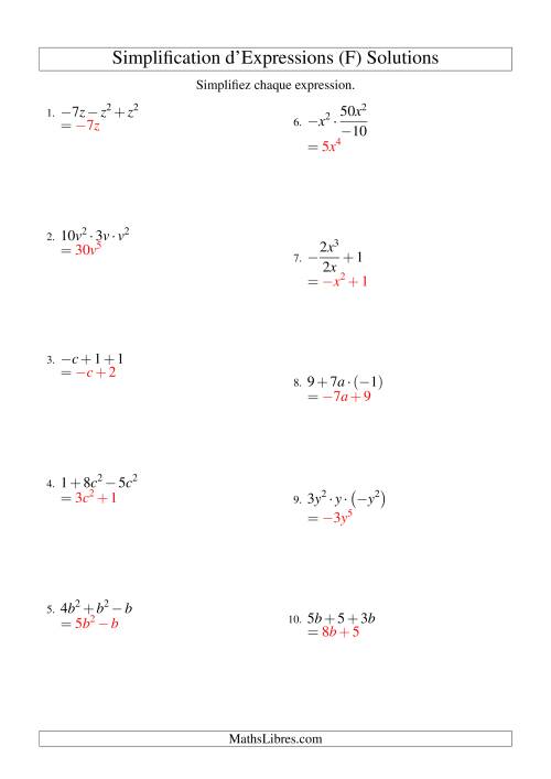 Simplification d'Expressions Algébriques avec Trois Termes et Une Variable (Toutes Opérations) (F) page 2