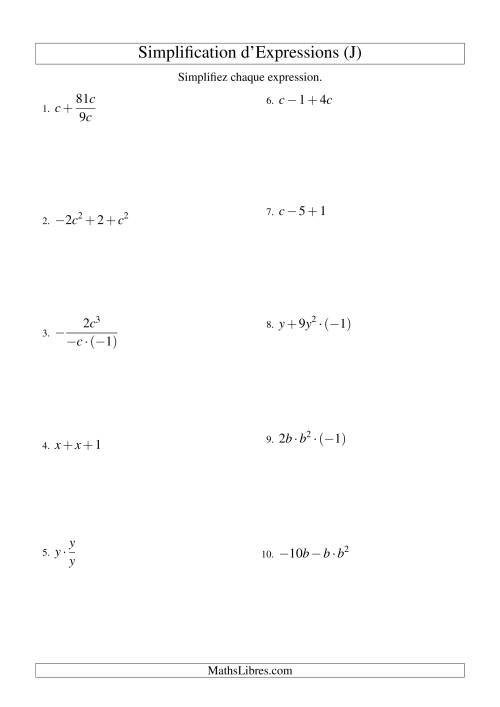 Simplification d'Expressions Algébriques avec Trois Termes et Une Variable (Toutes Opérations) (J)
