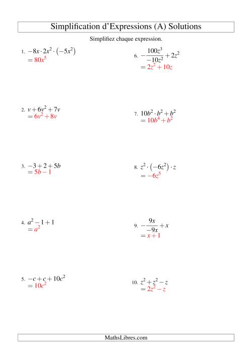 Simplification d'Expressions Algébriques avec Trois Termes et Une Variable (Toutes Opérations) (Tout) page 2