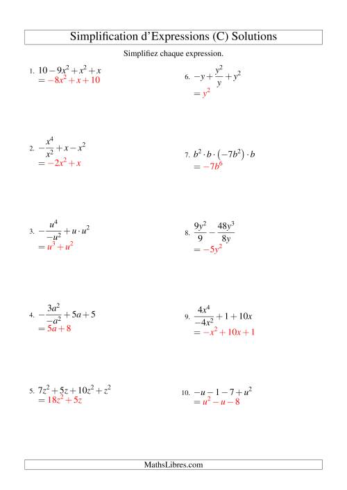 Simplification d'Expressions Algébriques avec Quatre Termes et Une Variable (Toutes Opérations) (C) page 2