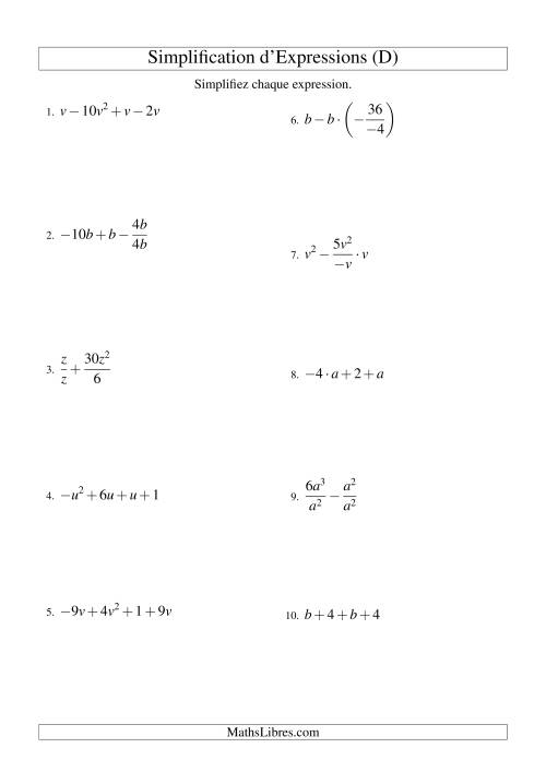 Simplification d'Expressions Algébriques avec Quatre Termes et Une Variable (Toutes Opérations) (D)