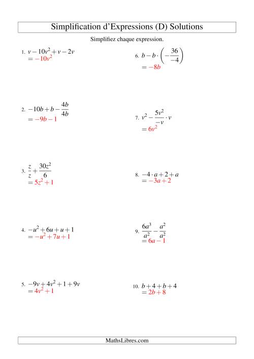 Simplification d'Expressions Algébriques avec Quatre Termes et Une Variable (Toutes Opérations) (D) page 2