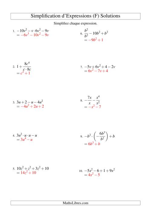 Simplification d'Expressions Algébriques avec Quatre Termes et Une Variable (Toutes Opérations) (F) page 2