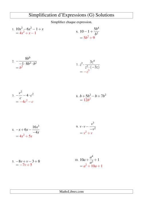 Simplification d'Expressions Algébriques avec Quatre Termes et Une Variable (Toutes Opérations) (G) page 2