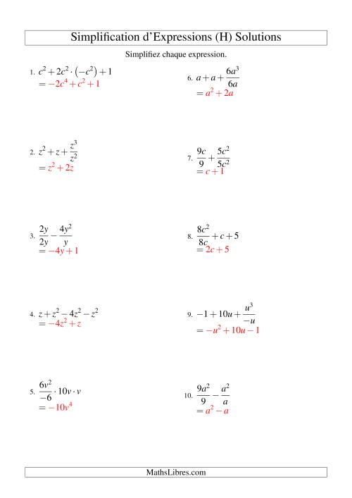 Simplification d'Expressions Algébriques avec Quatre Termes et Une Variable (Toutes Opérations) (H) page 2