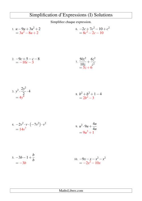 Simplification d'Expressions Algébriques avec Quatre Termes et Une Variable (Toutes Opérations) (I) page 2