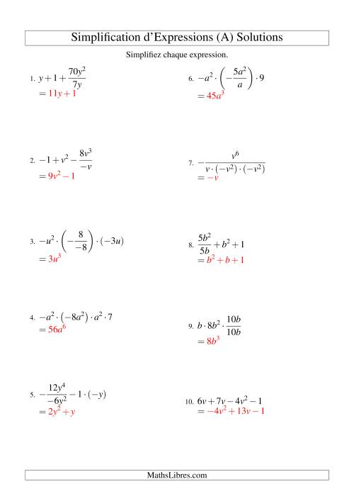 Simplification d'Expressions Algébriques avec Quatre Termes et Une Variable (Toutes Opérations) (Tout) page 2