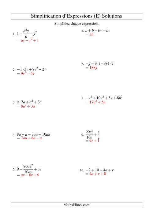 Simplification d'Expressions Algébriques avec Quatre Termes et Deux Variables (Toutes Opérations) (E) page 2